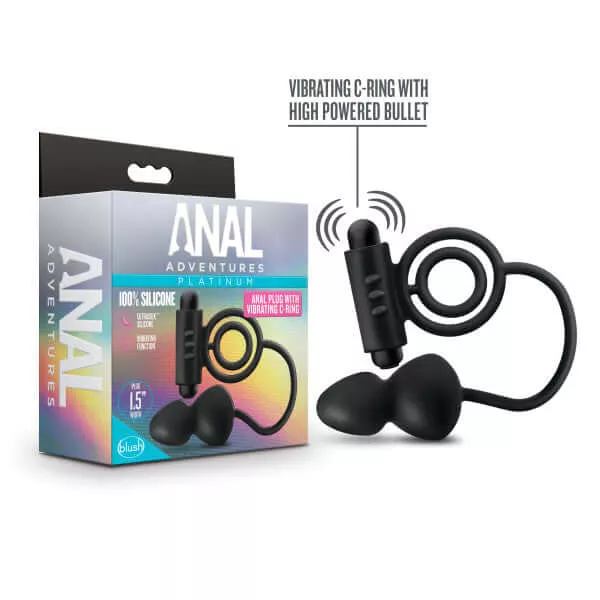 Anal Adventures Platinum Silicone Anal Plug with Vibrating Cock Ring Black