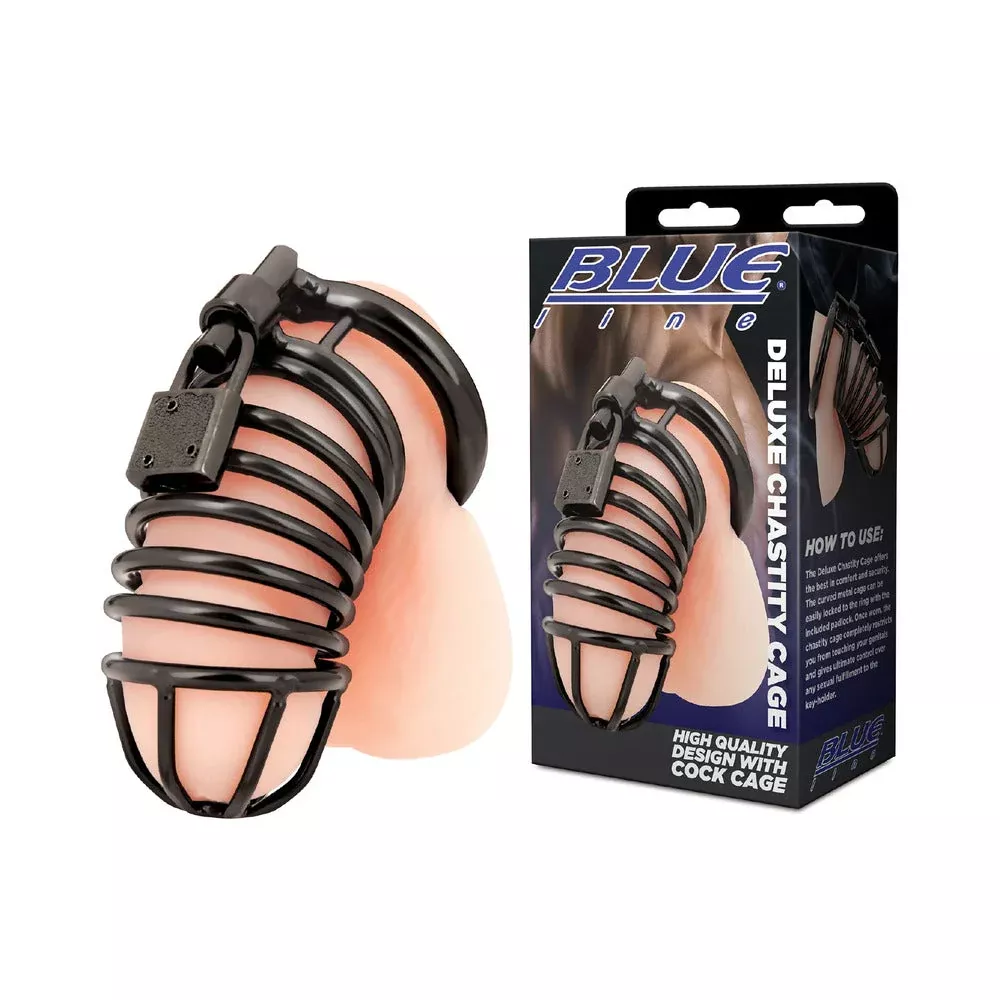 Blue Line Deluxe Chastity Cage Black - Red Garter Adult - For Him - For Her - Unisex