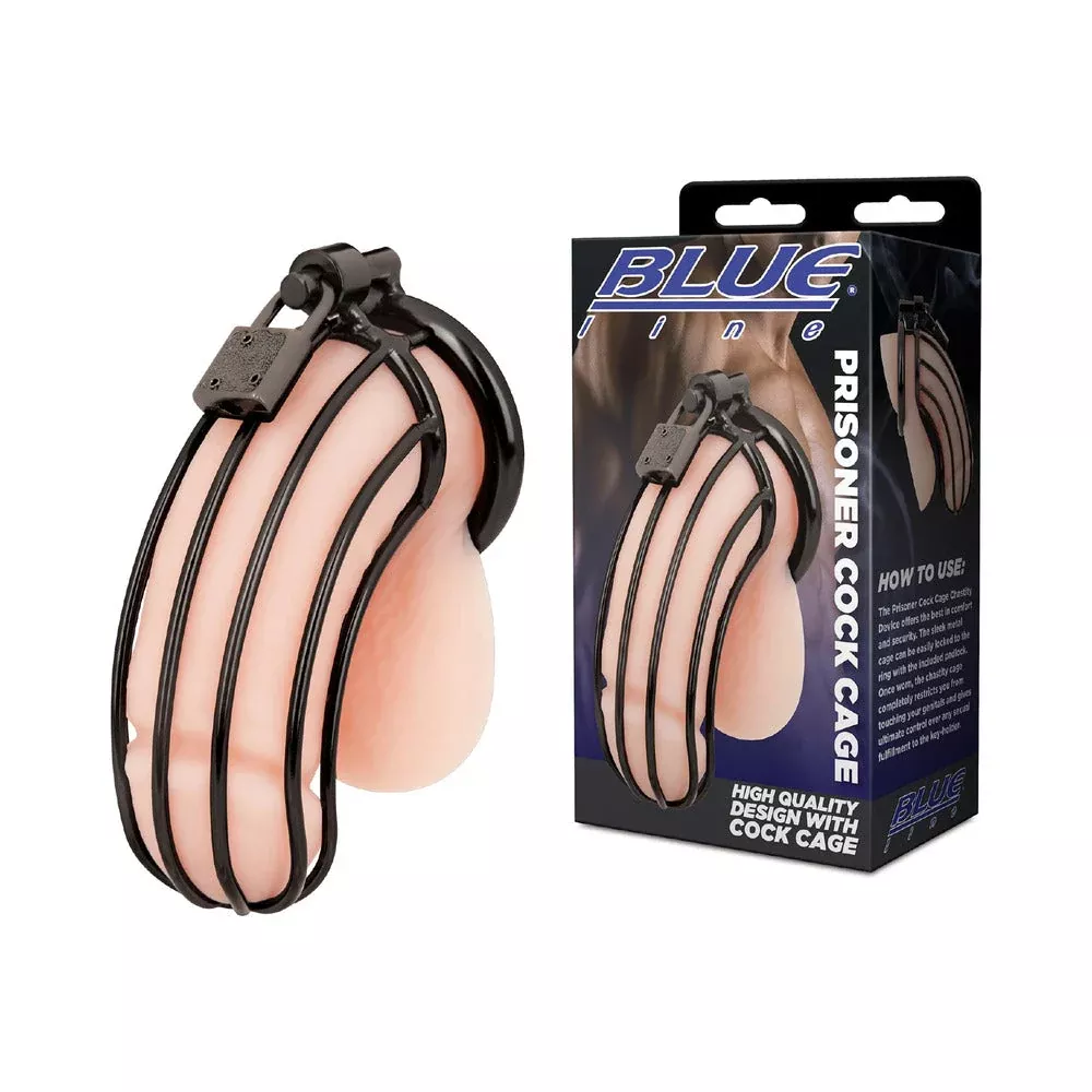 Blue Line Prisoner Cock Cage Black - Red Garter Adult