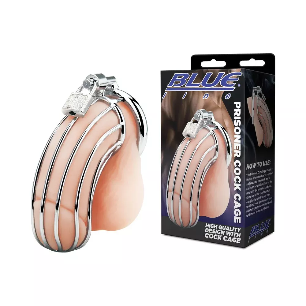 Blue Line Prisoner Cock Cage Silver - Red Garter Adult - For Him - For Her - Unisex