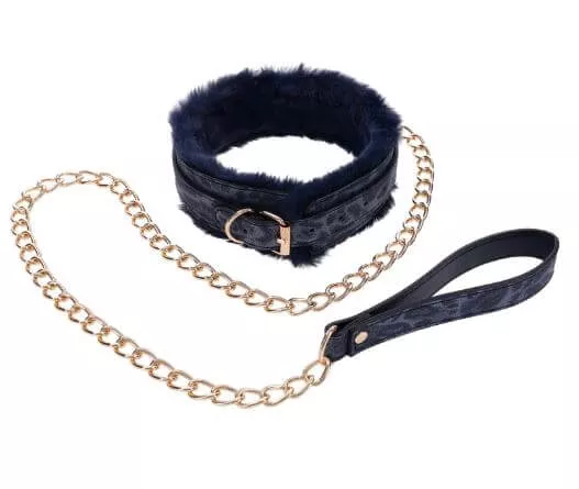 Cougar Fur Collar & Leash | Faux Fur Lined with Gold-Plated Hardware