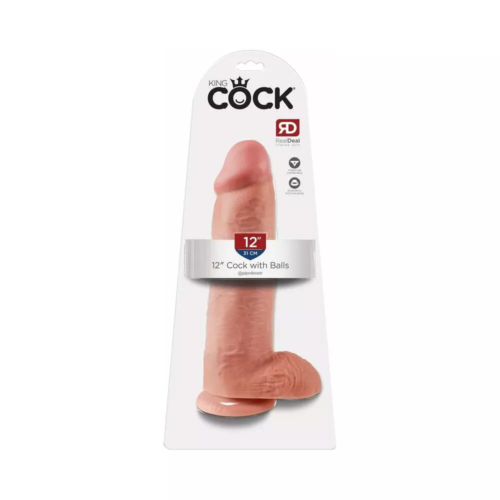 Pipedream King Cock 12 in. Cock With Balls Realistic Suction Cup Dildo Beige - Red Garter Adult - For Him - For Her - Unisex